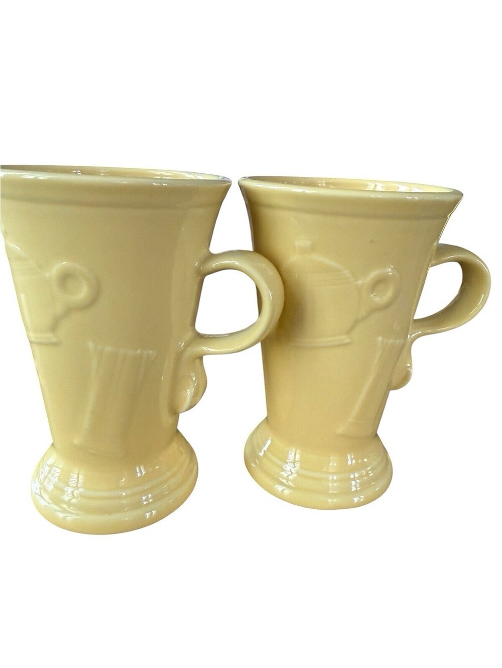 Set Of 2 Fiesta Tall Pedestal Mugs Pale Yellow Embossed Retired